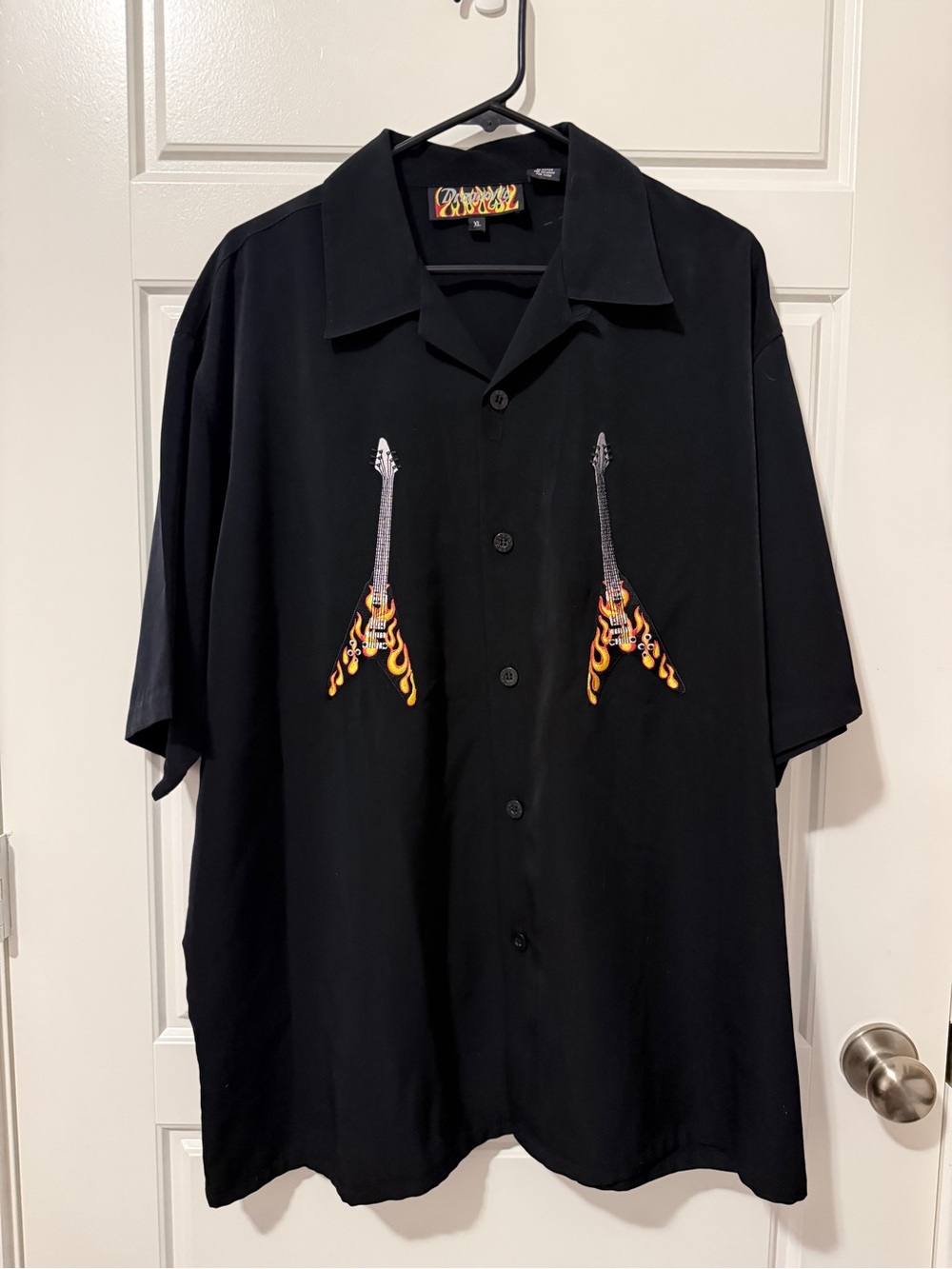Black Short-Sleeve Button-Down Shirt with Flame Guitar Embroidery
